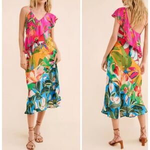 Farm Rio Womens Tropical Midi Dress XL One Shoulder Ruffle Colorful Floral